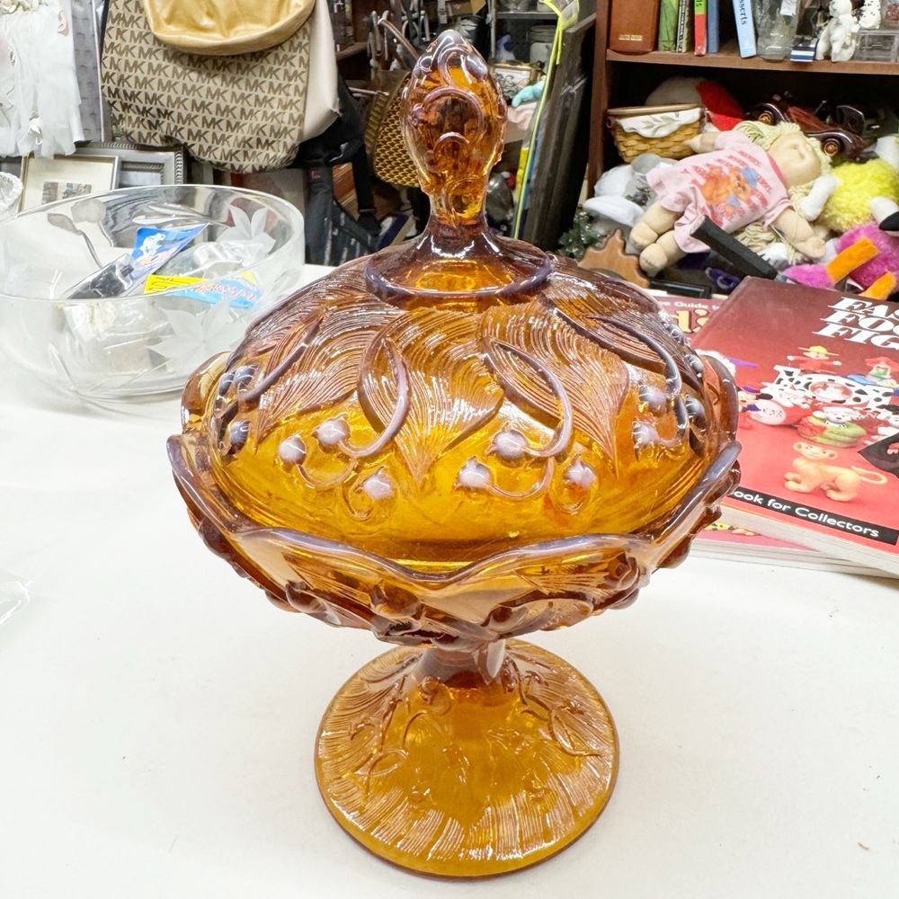 Vintage Fenton Amber Opalescent Lily of the Valley Lidded Pedestal Candy Dish